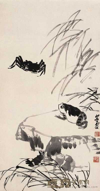 来楚生 壬子(1972年)作 蛙蟹图 轴 65×34cm